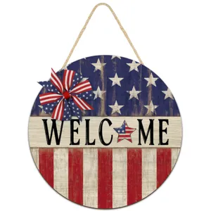 Detailed close-up of the rustic wooden hanging sign featuring patriotic stars and stripes.