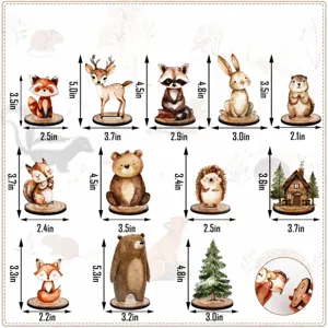 Wooden forest animal desktop ornaments set, cute woodland decor for kids birthday party.