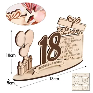 Wooden 18th birthday money gift holder table decoration with balloons and gift box design.