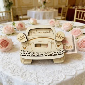 Wooden wedding money box detail featuring retro car shape, carved heart and floral ornaments.