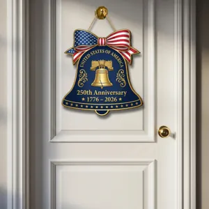 American Independence Day wooden hanging sign, bell shape with flag bow and Liberty Bell design.