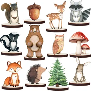 Woodland animal wooden figurines set cute cartoon squirrel deer fox bear party decor