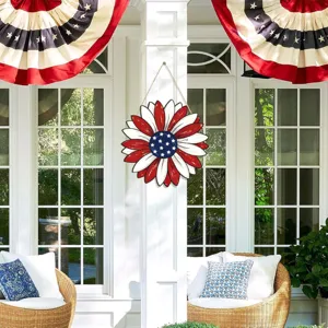 Patriotic wooden hanging sign with red white and blue stars and stripes for holiday decor