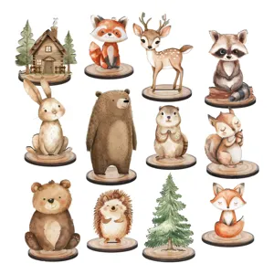 Wooden forest animal desktop ornaments, cute cartoon woodland creatures for kids party decor.
