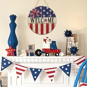 Wooden hanging sign with American flag stars and stripes pattern, perfect for holiday wall decor.