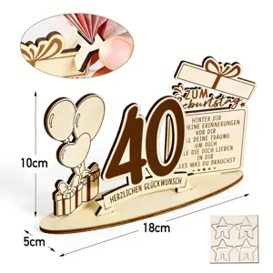 Wooden 40th birthday money gift holder detail showing dimensions, slots and cash slot.