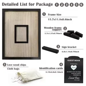 Wedding guest book alternative wooden frame set with heart wood chips and brackets for display.