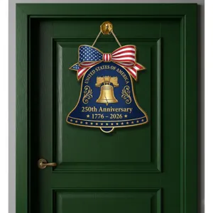 Independence Day wooden hanging sign, American flag bell decor for outdoor porch party.