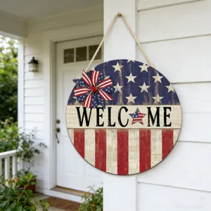 Rustic wooden welcome sign with American flag patriotic design for front door wall decor.