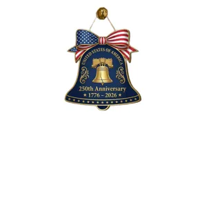 Independence Day wooden hanging plaque with US flag bow and bell design for holiday party.