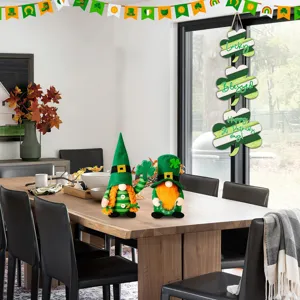 St. Patrick's Day wooden clover hanging sign and cute gnomes table decor set for party.