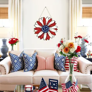Rustic wooden sunflower hanging sign, patriotic Independence Day door decor for home wall.