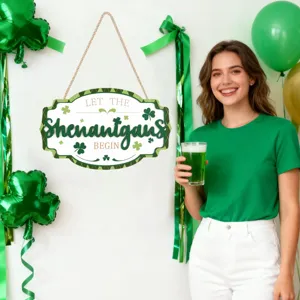 St. Patrick's Day wooden hanging sign scene with clover decor and festive party atmosphere details.