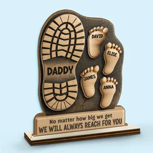 Father's Day wooden footprint keepsake plaque, custom family desktop decor gift for dad.