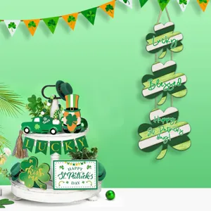 St. Patrick's Day wooden hanging sign and tiered tray decor set with lucky clover motifs.