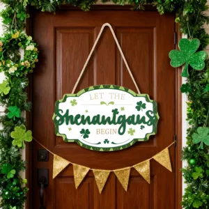Detail view of St. Patrick's Day wooden door sign with clovers, festive hanging decor.