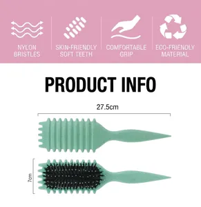 Hair brush detail showing wave cushion design, nylon pin bristles and ergonomic green handle.