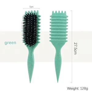 Green hairbrush with air cushion and pointed tail, 27.5cm long, perfect for daily hair styling.