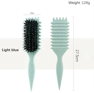 Detailed view of the hair brush displaying bristle texture, dimensions and light blue finish.