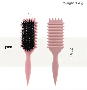 Pink hair styling brush detail view, showing size dimensions, air cushion and dual teeth design.