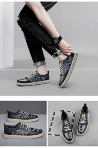 Men's casual leather board shoes with monogram pattern, stylish low-top sneakers for daily wear.