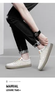 Men's casual leather sneakers with monogram pattern, stylish low-top lace-up fashion shoes.