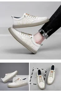 Men casual white sneakers with stylish monogram pattern, low top comfortable leather shoes for daily wear.