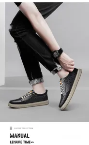 Men's casual leather sneakers with stylish monogram pattern, comfortable flat lace-up footwear.