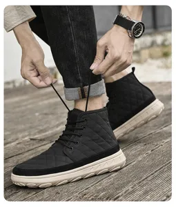 Men winter warm high top snow boots detail showing quilted design and thick sole comfort.
