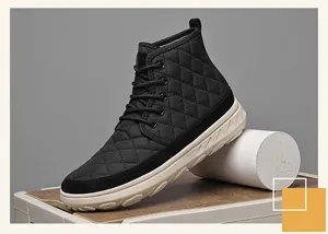 Winter fleece-lined warm high-top snow boots detail, quilted texture and thick soles