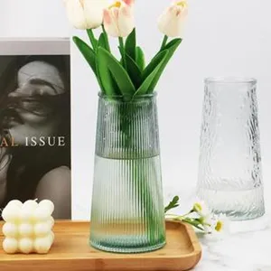 Nordic style ribbed glass vase detail shot, clear glacier texture for home floral decor.
