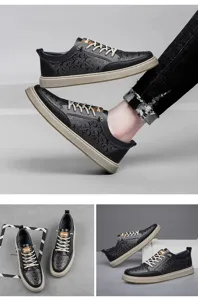 Men's casual leather sneakers with monogram pattern, stylish low-top design for everyday wear.
