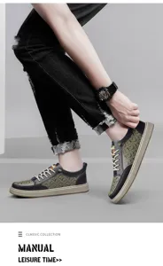Detail shot of men's casual low-top sneaker with classic monogram pattern and lace-up design.