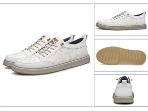 Men's casual white sneakers detail view, stylish monogram pattern, soft rubber sole daily wear.