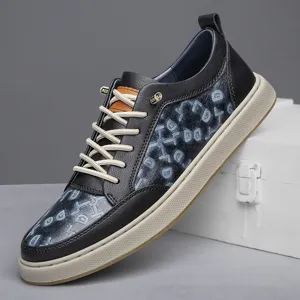 Men's casual leather sneakers with stylish monogram pattern, comfortable thick sole for daily wear.