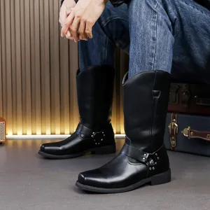 Herren schwarze Leder hohe Ritterstiefel, klassische Motorrad Reitstiefel mit Schnalle.