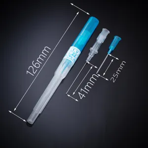 Detailed view of body piercing catheter needle with clear size indicators for professional use.