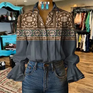 Women 3D digital print long sleeve bell sleeve casual shirt front view main display