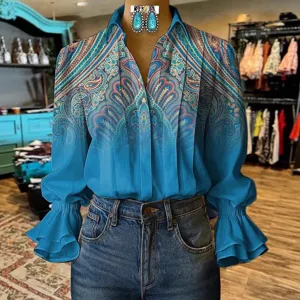 Damen Mode 3D Digitaldruck Langarm Schlagärmel Bluse Freizeit Paisley Oberteil Neu