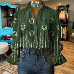 Grüne Damen Langarm Bluse mit modischem Print und Trompetenärmeln für Freizeit.