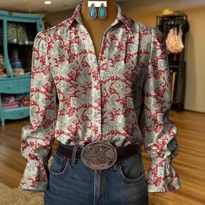 Damen Langarm Paisley Druck Bluse Vintage Stil Freizeit Knopfleiste Hemd Oberteil