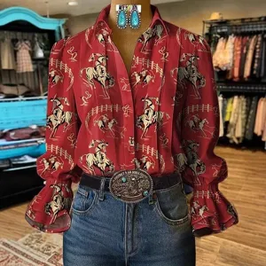 Women's vintage cowboy print long sleeve blouse chic lapel flare sleeve casual shirt