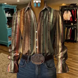 Women's 3D digital print long sleeve blouse with elegant flare cuffs for casual daily wear.