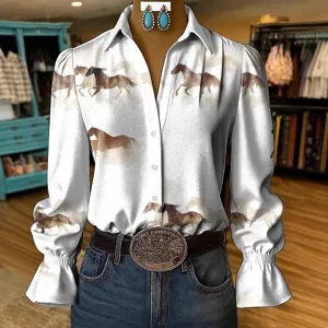 Womens long sleeve shirt 3d horse print flare sleeve casual button down blouse top