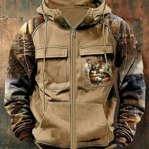 Felpa con Cappuccio Uomo Vintage Patchwork Multi-Tasca Workwear Felpa con Cerniera Stampa Mimetica Cervo Foresta Pile Caldo