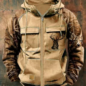 Felpa con cappuccio uomo vintage mimetica con zip tattica tasche multiple inverno top