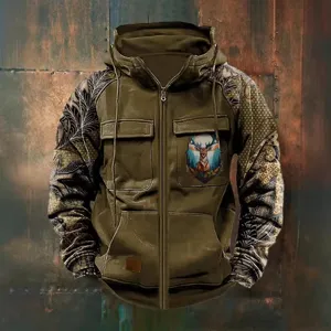 Felpa con Cappuccio Tattica Vintage Uomo Giacca Casual Multitasche Outdoor Sportiva