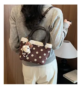 Retro Herbst Winter braune Punkte Plüschbesatz Handtasche Wildleder Textur Tote Bag Damen