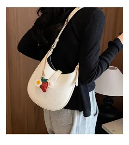 White hobo shoulder bag for women minimalist PU leather saddle bag with cute charm daily use