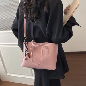 Bolso tote de cuero rosa estilo coreano, bolso cruzado informal para mujer elegante.